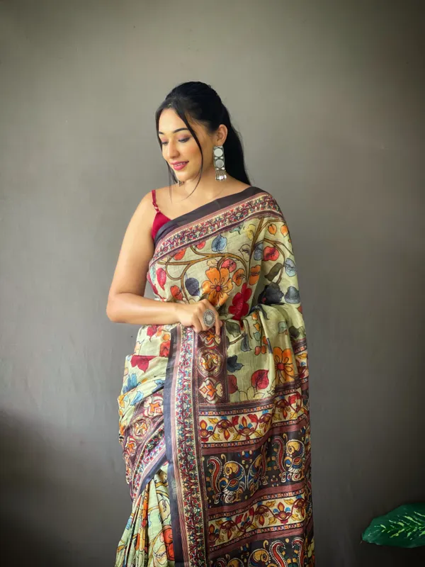 Green_Soft_Cotton_Kalamkari_Print_Saree_With_Blouse_Piece_Attached